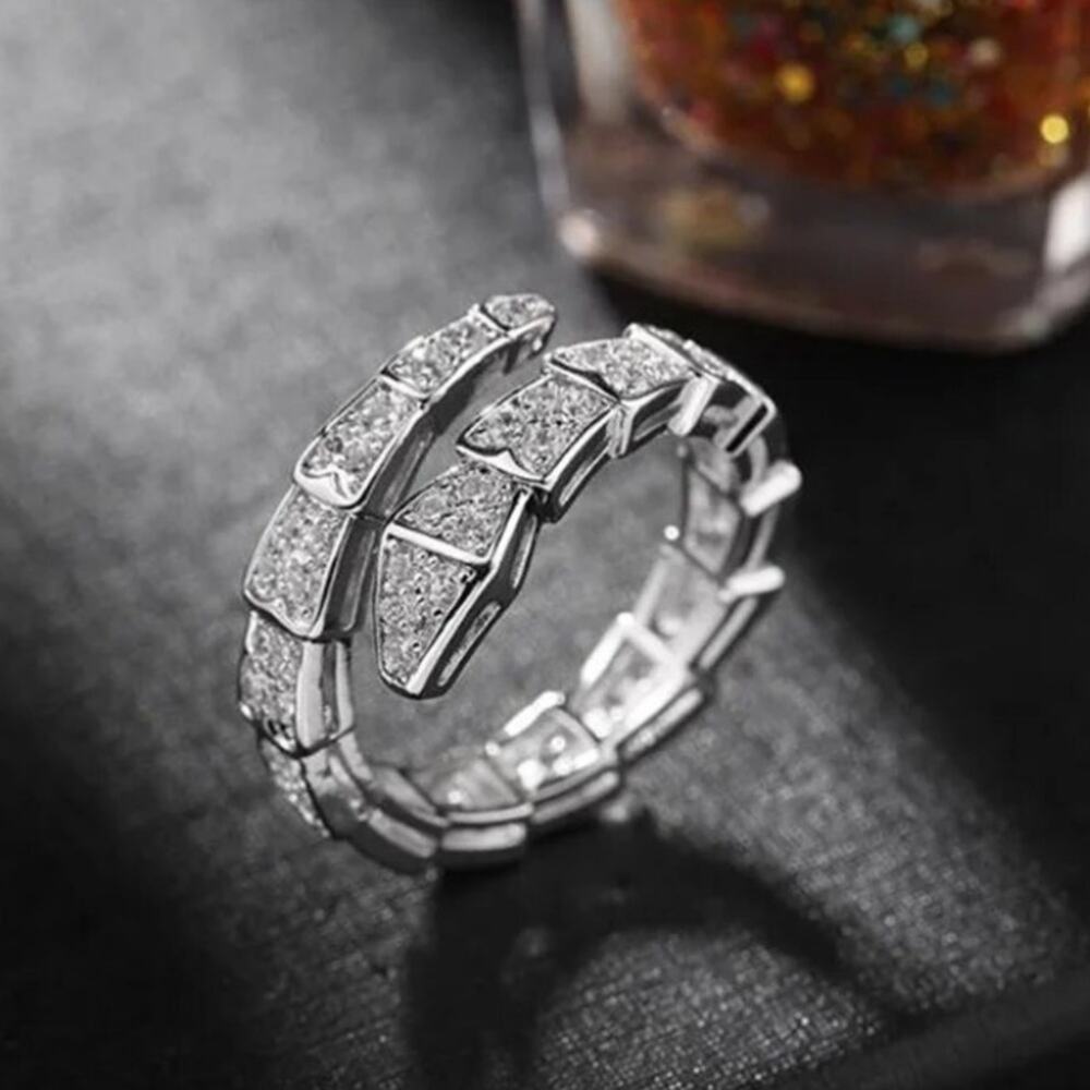 Silver Zircon Snake Bangle Bracelet Ring Set, Luxury - Picture 8 of 8